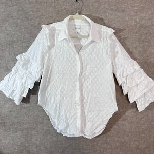 MISA Los Angeles Ruffle Sleeve Button Down Blouse Womens Medium Eyelet Boho